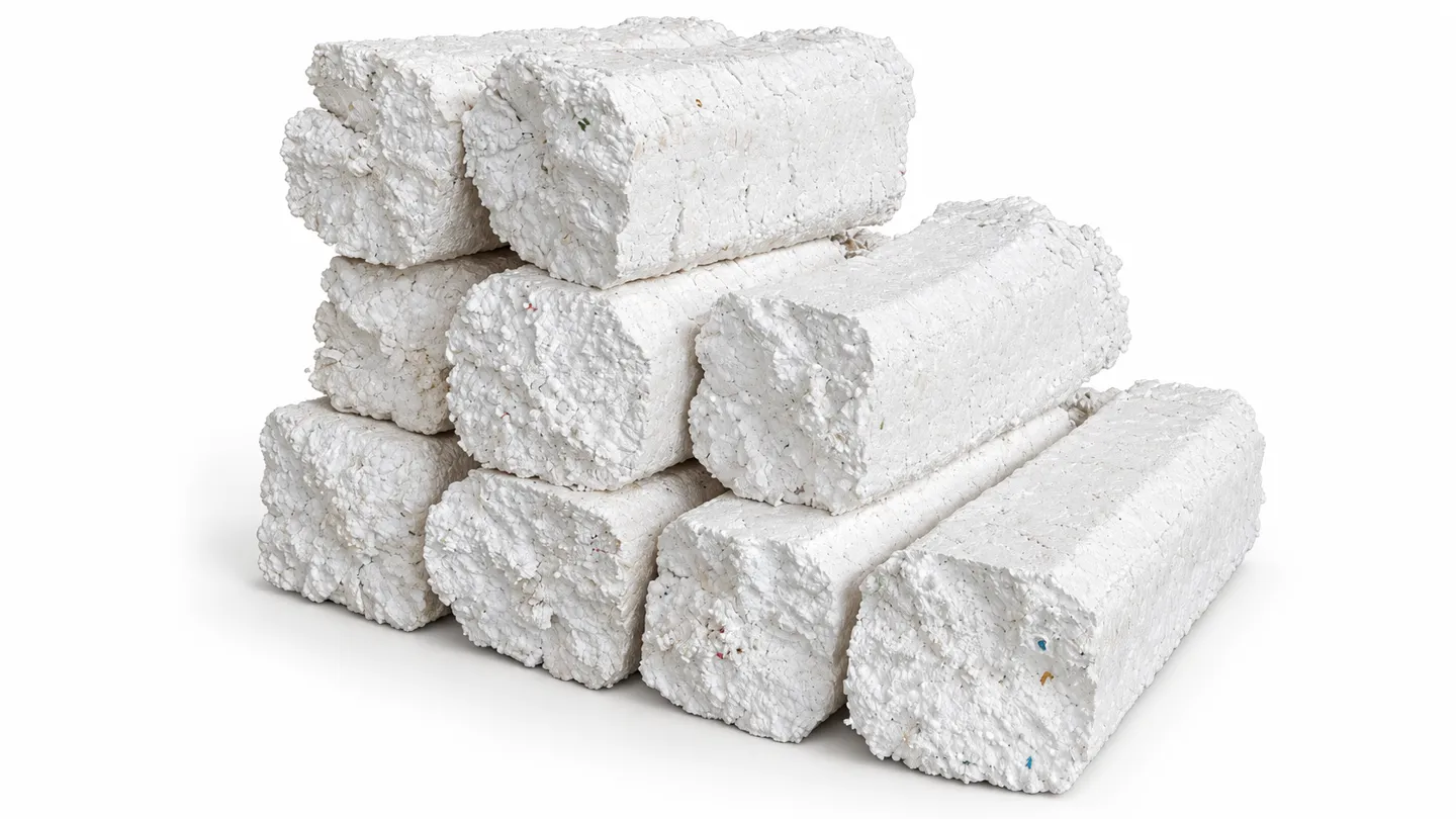 Stacked white EPS foam blocks formed by mechanical cold compaction for storage and recycling