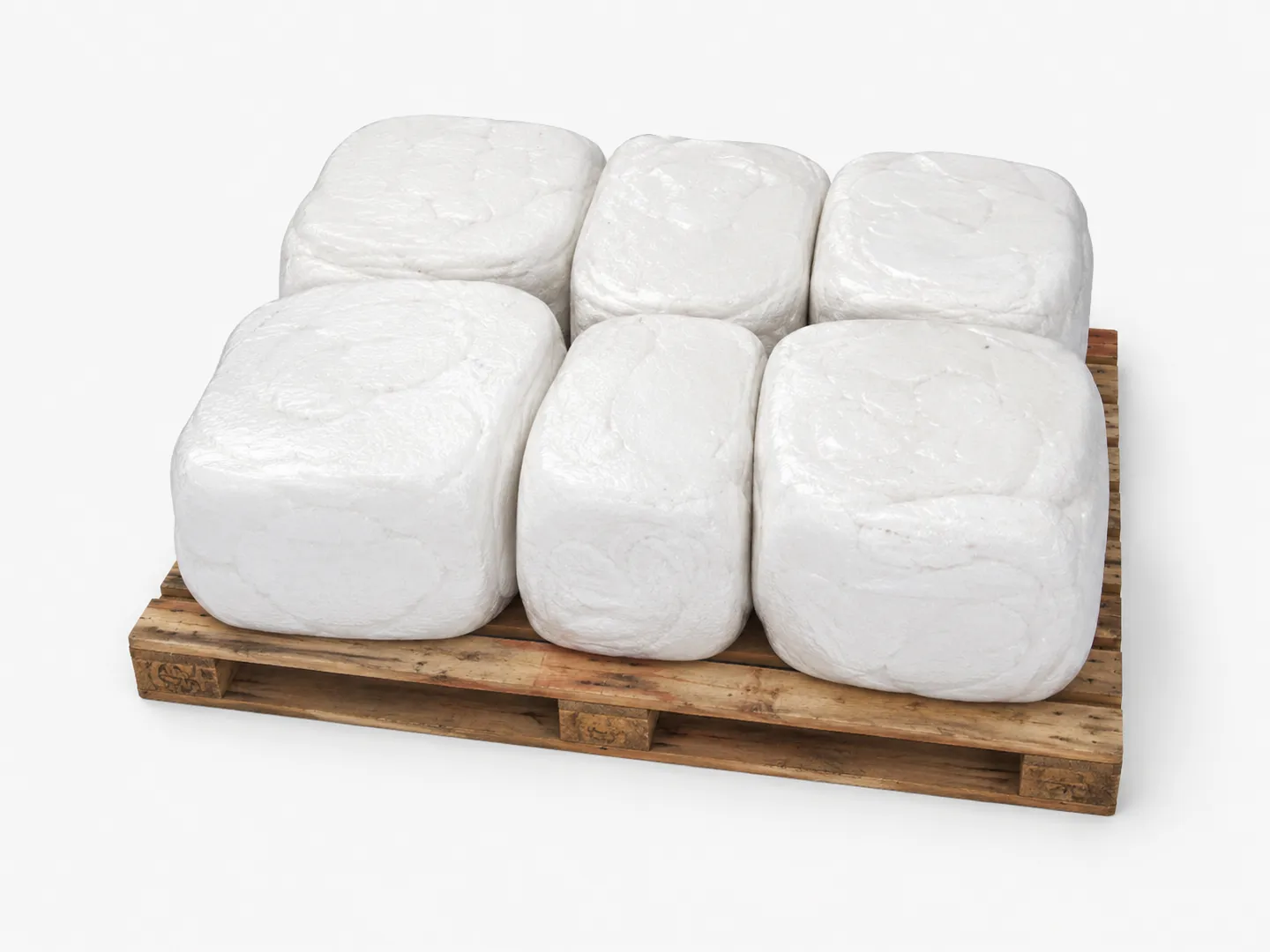 Dense white EPS hot melt blocks arranged on a wooden pallet after cooling