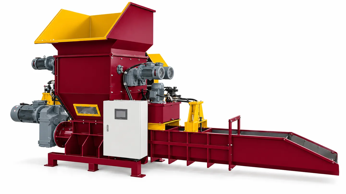 EPS foam cold press machine with a feeding hopper, drive assembly, control cabinet and block discharge channel