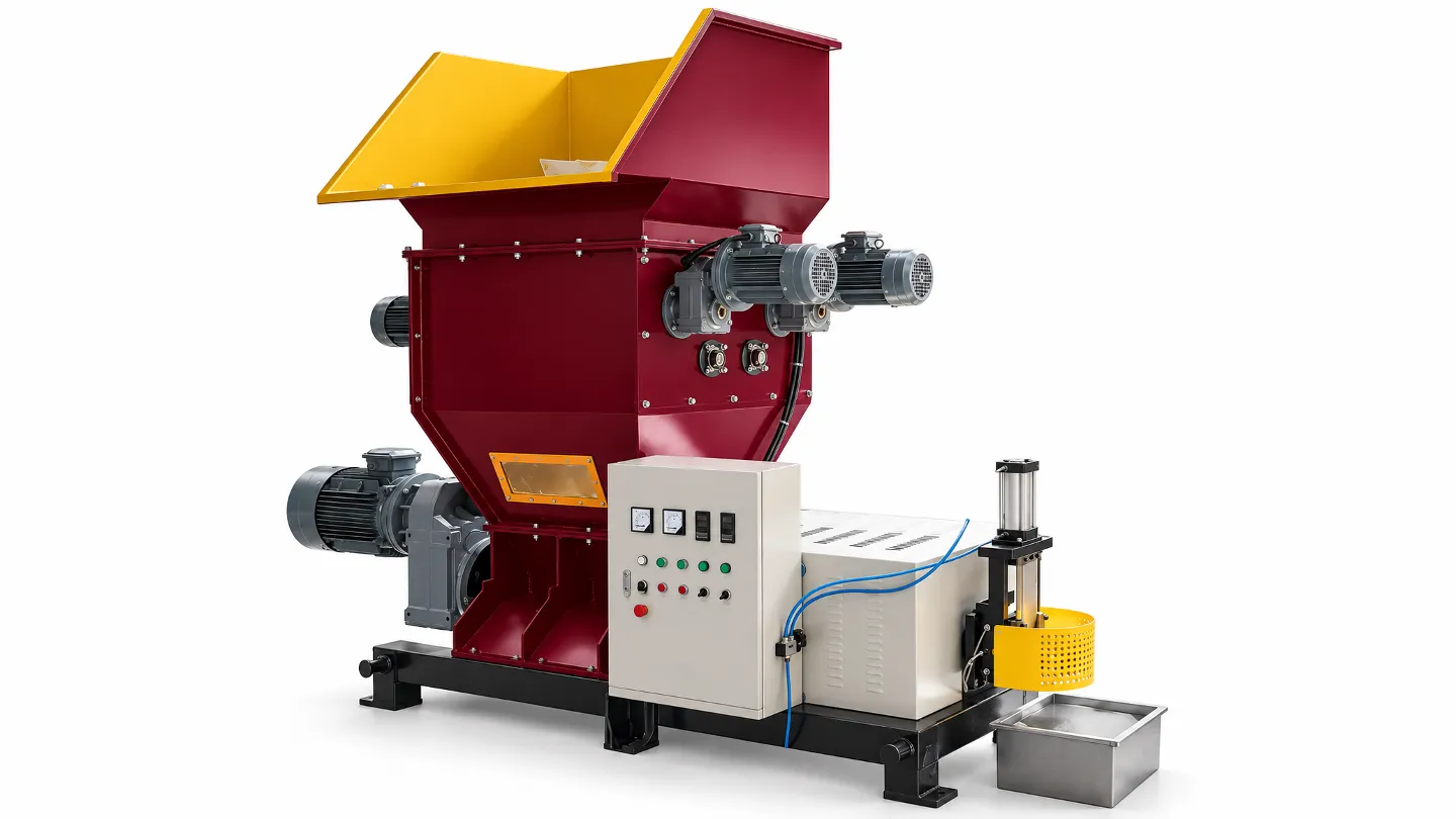 EPS hot melt machine with a feeding hopper, drive assembly, control cabinet and discharge tray
