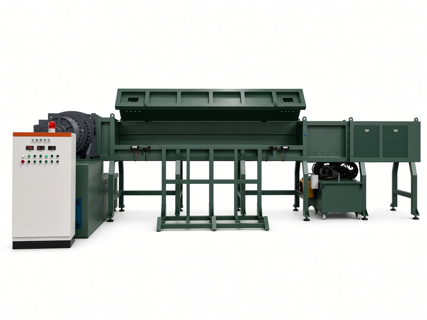 Side view of the long horizontal infeed trough, hydraulic pusher and control cabinet