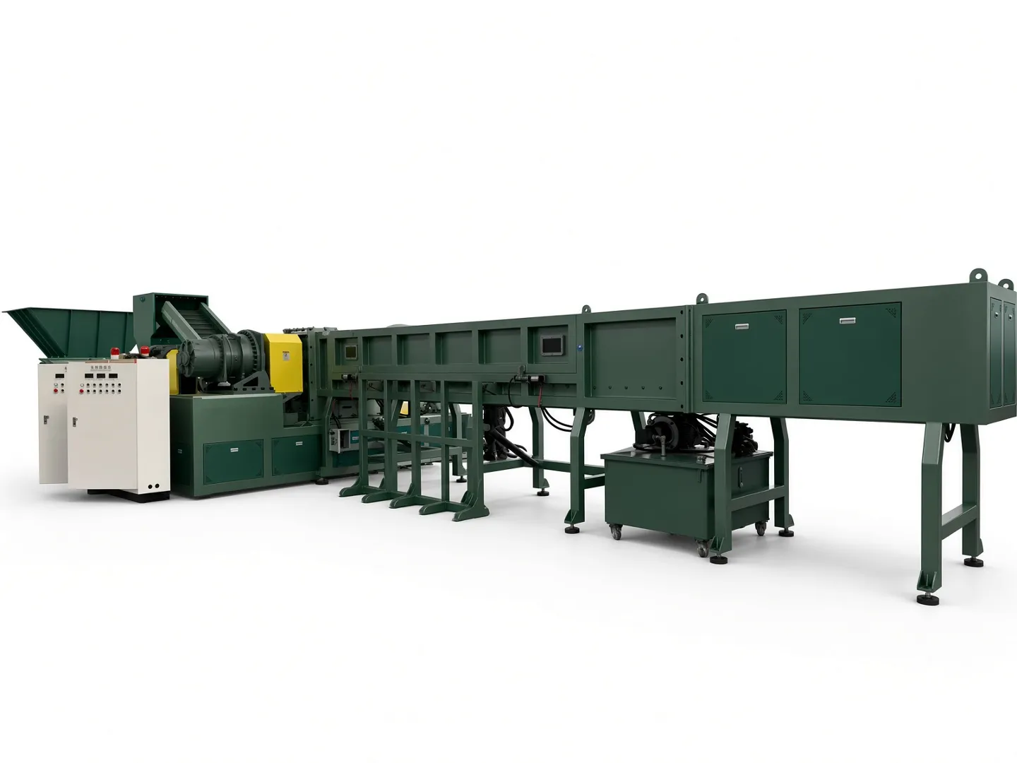 Four-shaft large-diameter pipe shredder line with long horizontal infeed