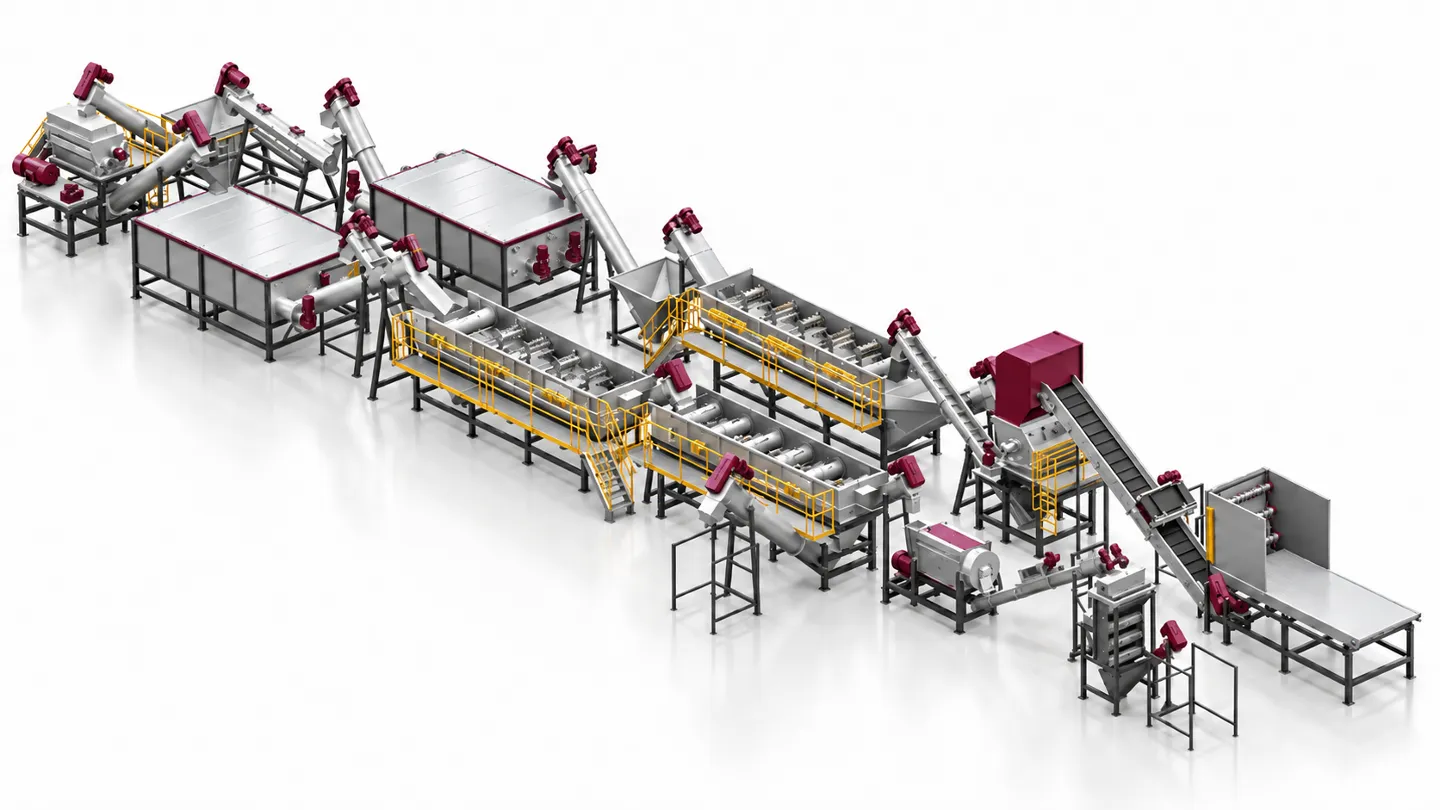 Plastic hot washing and paint removal system layout with washing tanks and screw conveyors
