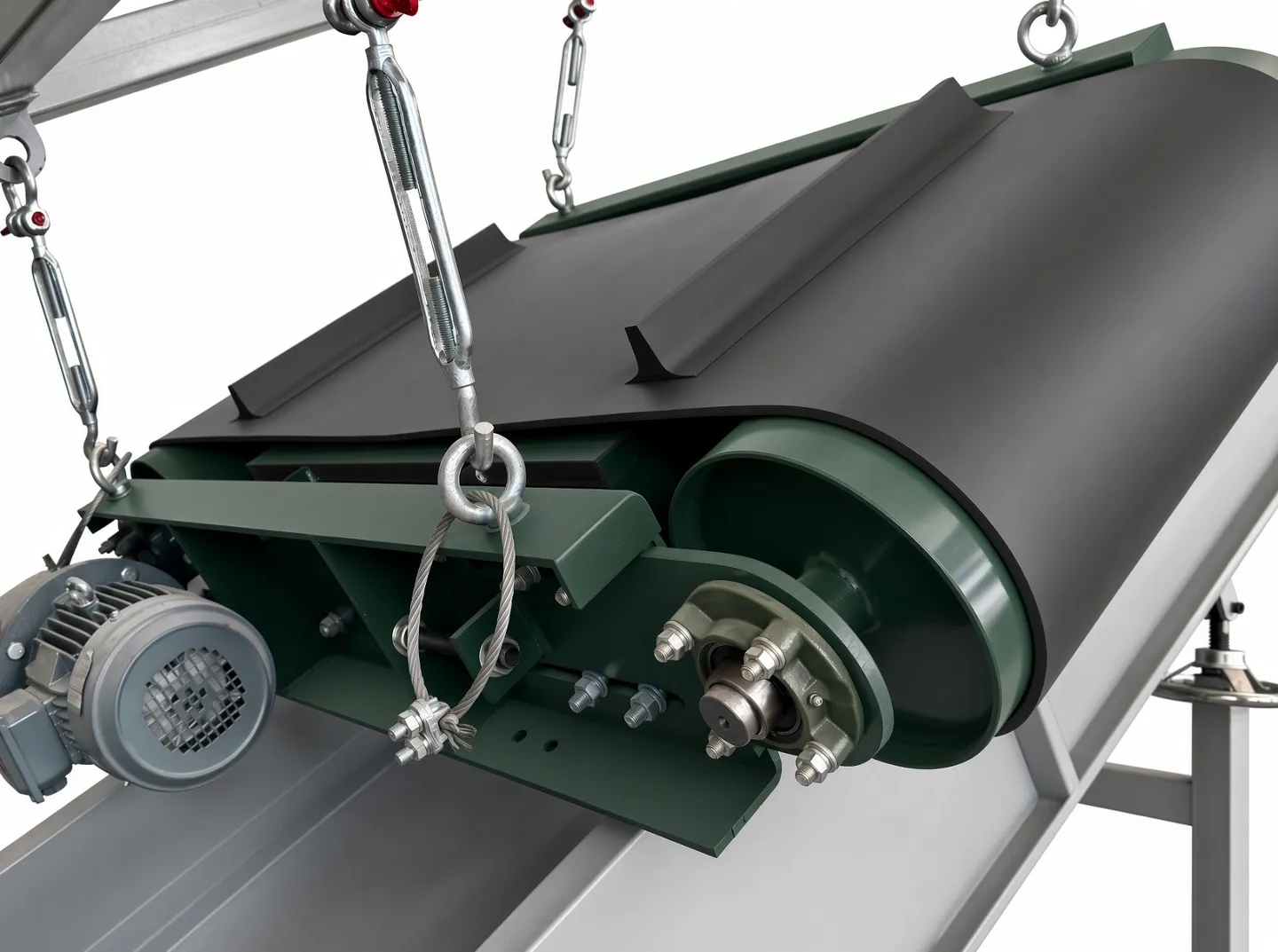 RCDD suspended magnetic separator installed above a recycling conveyor